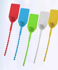 50 Self Locking Cable Ties With White Label Boards For Straight Up Cord Management No Sweat Wire Organizer Bundle Wrap Top Shelf Heavy Duty Nylon Fastener Alternative in red, blue, green, white, and yellow.