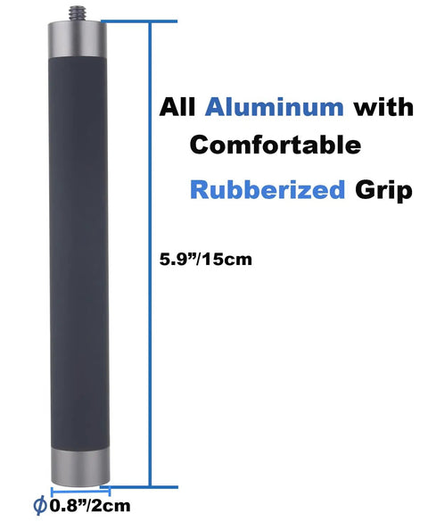 Go Anywhere Camera Extension Rod Mount One Quarter Inch Thread For Dash Cams And Action Gear Lightweight Aluminum Build Lock Down Male Female Adapter Five Point Nine Inches Long with rubberized grip and threaded ends.