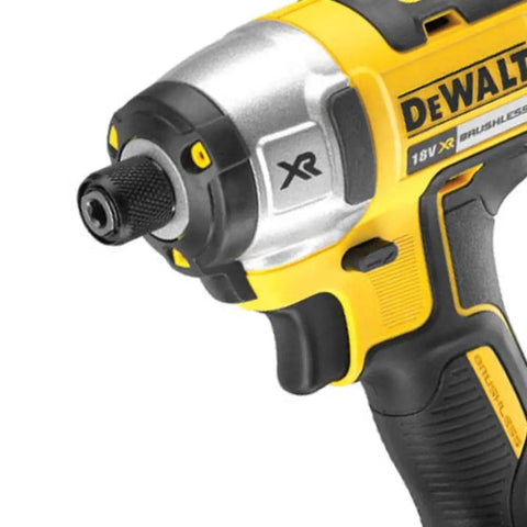 Heavy Duty 18V Brushless Cordless Drill And Impact Driver Combo Kit featuring the keyless chuck and grip angle.