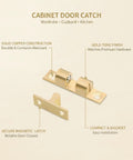 Cabinet Door Catch Magnetic Latch with solid copper build and gold tone finish for wardrobe cupboards and kitchen cabinets.