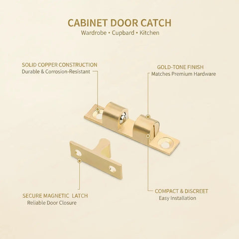 Cabinet Door Catch Magnetic Latch with solid copper build and gold tone finish for wardrobe cupboards and kitchen cabinets.