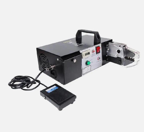 Professional EM-6B1 Electric Terminal Crimping Machine Tool With Exchangeable Die Set For 110V Power Cabinets, showing power switch and foot pedal.