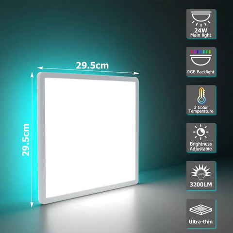 Remote Controlled 12 Inch LED Ceiling Light, Dimmable 24W Flush Mount Fixture with RGB Backlight, IP44 Square Ceiling Lamp