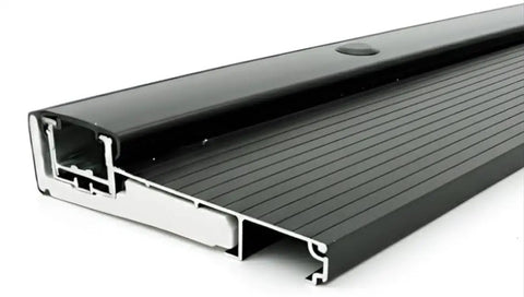 Close-up view of Heavy Duty Adjustable Aluminum Threshold For Secure Exterior Doors Commercial Or Residential Drip Free Black Finish 36 Inch Wide.