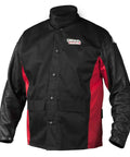 Grain Leather Sleeved Welding Jacket With Premium Flame Resistant Cotton Body For Welders Black And Red XL shown front view