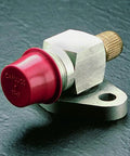 Caplugs T-2X red plastic tapered cap and plug on metal mounting bracket with threaded stud