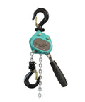 Heavy Duty Manual Lever Hoist Chain Block For Lifting Loads Up To 750kg With Durable Gear And Smooth Operation showing teal hoist with hooks.
