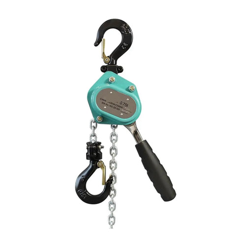 Heavy Duty Manual Lever Hoist Chain Block For Lifting Loads Up To 750kg With Durable Gear And Smooth Operation showing teal hoist with hooks.