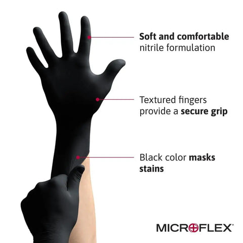 Built Different Black Nitrile Work Gloves With Textured Fingertips And Powder Free Comfort For Kickass Grip During Auto Repair And Industrial Demands Box Of One Hundred, showing hand wearing a black nitrile glove.