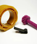 Turbo 350 Speedometer Gear Set with 8 Tooth Drive, 17 Tooth Driven Gears, and Drive Clip on white background