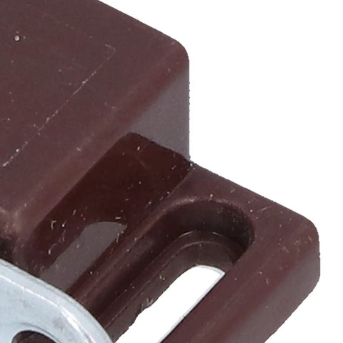 Close-up of Eight Pack Stainless Steel Magnetic Door Catch For Cabinets And Cupboards With Screw Fittings, brown plastic detail