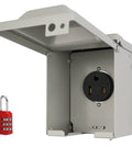 Heavy Duty 50 Amp 250 Volt NEMA 6 50R Welding Outlet Box with lockable weatherproof cover shown open