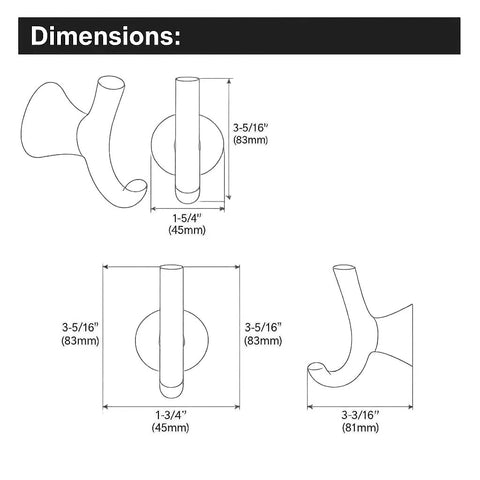 Dimensions diagram of Glyde Brushed Nickel Wall Mount Robe Hook For Bathroom Towel And Bath Robe With Pro-Fit Easy Install And Template.