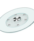 Game Changer Lazy Susan Serving Tray With Whisper Smooth Tempered Glass Top And Beefed Up Aluminum Bearing Base For No Sweat Dining Table Sharing And Hassle Free Entertaining Size Thirty Five Inches Wide, showing tranquil clear glass and shiny aluminum base.