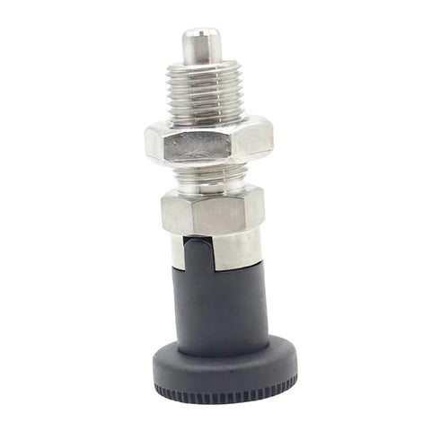 Top Shelf Stainless Steel Indexing Plunger With Easy Grab Nylon Handle And No Hassle Self Locking Design For Quick Workshop Clamping.