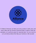 Alliance Chemical logo with text about Hexane Technical Grade Solvent For Industrial Use, High Purity Petroleum Ether, 4 Gallon Case.