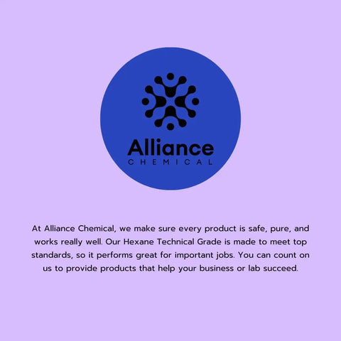Alliance Chemical logo with text about Hexane Technical Grade Solvent For Industrial Use, High Purity Petroleum Ether, 4 Gallon Case.