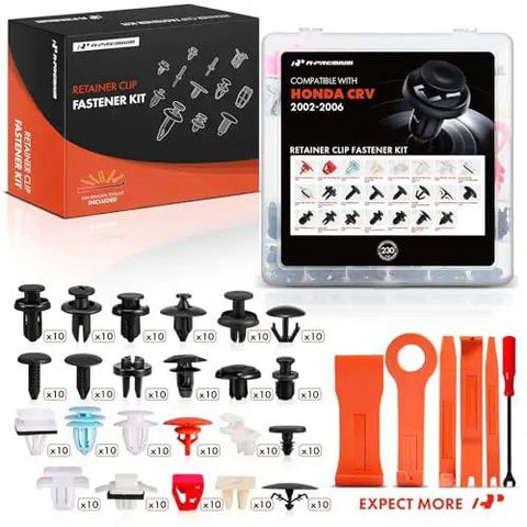 Honda CR-V 2002-2011 Grab-and-Go 230 Piece Car Body Must-Have Fastener Kit With Removal Tool And 23 Sizes For Bumper, Fender, Door Panel, Weatherstrip, Hood, Headlight, Push Pin Rivets And Retainers in packaging with tools and fasteners displayed.