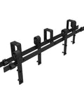 Heavy Duty Bypass Sliding Barn Door Hardware Kit For Low Ceiling Spaces, featuring steel rails and nylon rollers, shown in close-up.