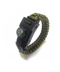 Survival Paracord Bracelet With Compass And LED Light, Reflective Cord, Fishing Line Tools, Multi Tool for camping on white background.