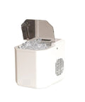 Portable Ice Maker Cranking Out Twenty Six Pounds Daily Produces Nine Bullet Cubes In Six Flat Minutes with open lid and ice visible.