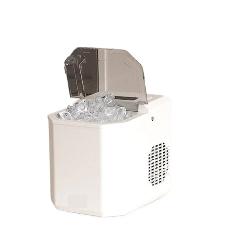 Portable Ice Maker Cranking Out Twenty Six Pounds Daily Produces Nine Bullet Cubes In Six Flat Minutes with open lid and ice visible.