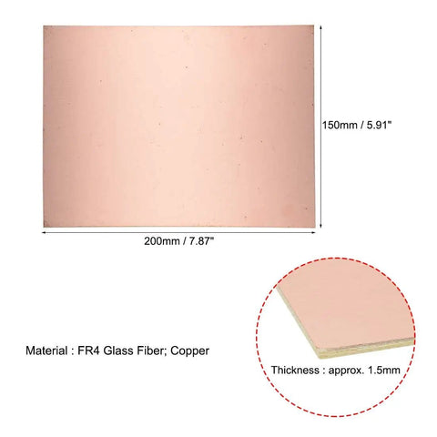 Single Sided Copper Clad FR4 PCB Board for DIY Prototyping 200x150mm 1.5mm Thick with dimensions and material details