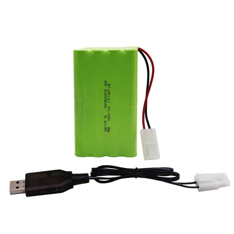 9.6V 2000mAh NiMH 8 Cell AA Battery Pack With Standard Tamiya Connector For RC Cars Trucks Tanks And Other RC Rigs USB Charging Cable Included High Capacity For Longer Runtime And Better Power, green pack with black USB cable visible