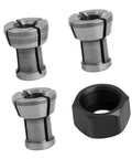 Set of four Versatile M17 Collet Chuck Adapters with nut for electric routers, fits 6, 6.35, and 8mm shanks, shown on white background.