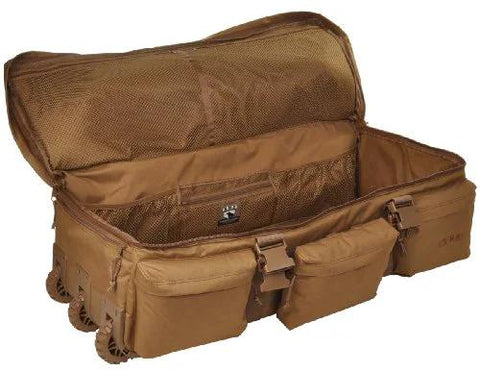 Sandpiper rolling loadout luggage X-Large bag, brown, opened to show large main compartment and front pockets.