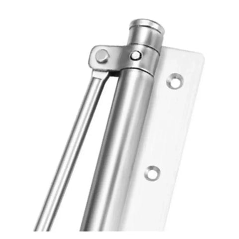 Close-up of Adjustable Door Closer With Automatic Closing For Standard Hinged Doors Keeps Doors From Slamming, silver finish, 17 cm.