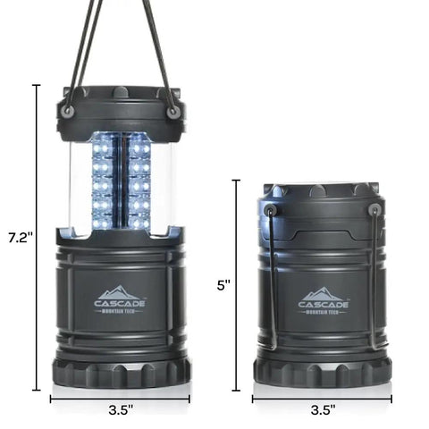 Pop-Up LED Lantern 100 Lumen, 360 Degree Bright Light, IPX4 Water Resistant, shown open and closed with dimensions