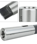 MT5 to MT3 Morse taper reduction sleeve; metal cylindrical adapter shown with bore end and side view.