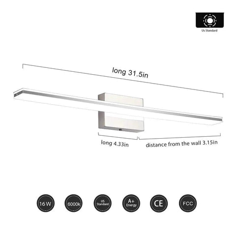 Diagram of 30 Inch Vanity Light Bar Over Mirror LED Chrome Bathroom Lighting 16W 6000K Cool White Acrylic Wall Fixture