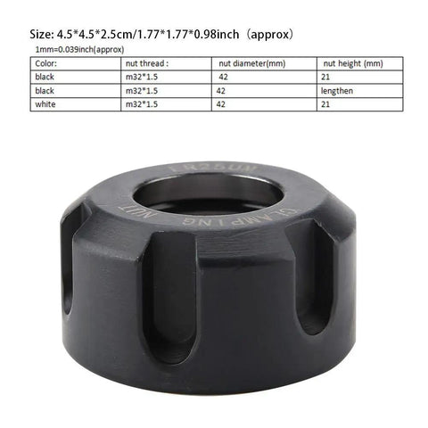 Collet Clamping Nut For Lathe Tools, black finish, M32 ER25, 42CrMo steel, dynamic balancing, durable nut for quick tool changes.