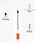 1cc 30G Syringe With Five Sixteenth Inch Needle, Individually Wrapped Pack Of 20 For Medical Use, Portable And Lightweight For Grab And Go Dosing, Clear Barrel For Visible Fluid, Durable Plastic Construction, Ready To Use, shown with thin wall and triple-sharpened bevel
