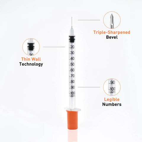 1cc 30G Syringe With Five Sixteenth Inch Needle, Individually Wrapped Pack Of 20 For Medical Use, Portable And Lightweight For Grab And Go Dosing, Clear Barrel For Visible Fluid, Durable Plastic Construction, Ready To Use, shown with thin wall and triple-sharpened bevel