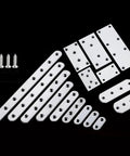 Stainless Steel Straight Braces For Wood Reinforcement, 4 Pack Of Thickened Metal Straps arranged with screws on black background.