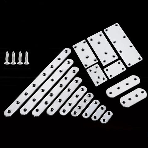 Stainless Steel Straight Braces For Wood Reinforcement, 4 Pack Of Thickened Metal Straps arranged with screws on black background.