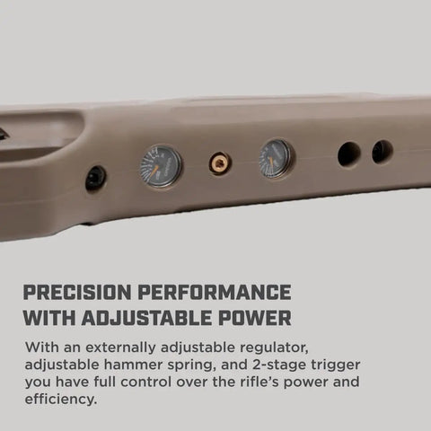 Close-up of PCP Air Rifle.25 Caliber Bolt Action With 1000 FPS, 10 Shot Magazine, adjustable regulator in tan finish