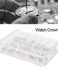 Go To Watch Crown Kit Set With 24 Pieces In 5.3mm 6mm And 7mm Sizes in clear storage case for DIY watch repair