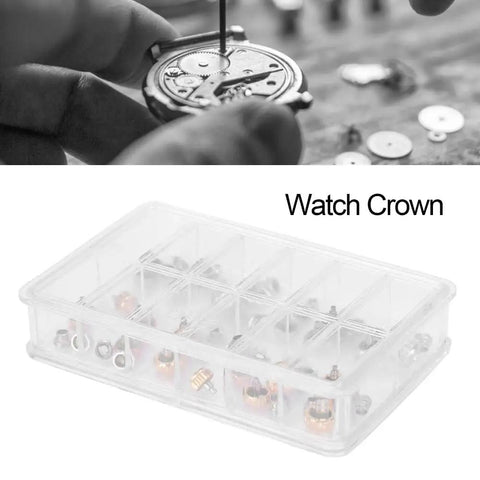 Go To Watch Crown Kit Set With 24 Pieces In 5.3mm 6mm And 7mm Sizes in clear storage case for DIY watch repair