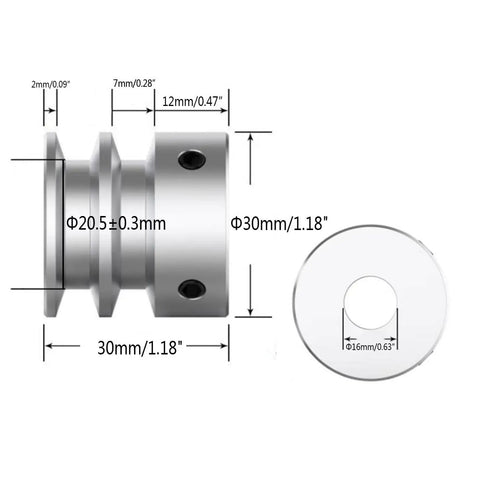 Pro Class Aluminum Double Groove Pulley Featuring 30mm Outside Diameter And 16mm Fixed Bore Built For Drilling Machines Compatible With 6mm Pu Round Belts Hella Durable And No Drama Setup side view with dimensions