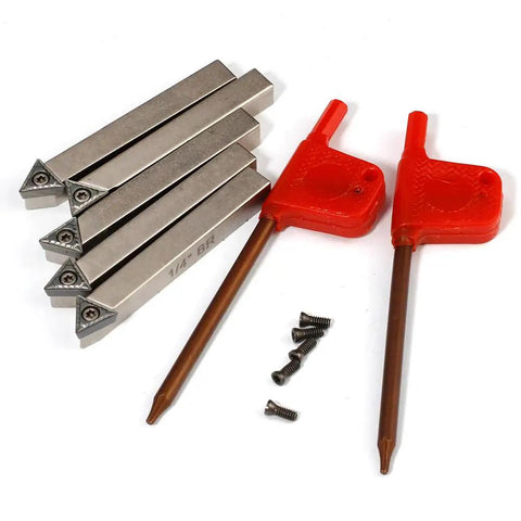 Pro Grade Mini Indexable Lathe Turning Tool Set Featuring One Quarter Inch Shank Nickel Plated Steel Holders with tools and inserts.