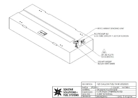 Below Deck Permanent Aluminum Fuel Tank For Pre 2011 Boats Featuring 3/8 In Poplock Outlet And Molded Fill Neck Ethanol Resistant Marine storage tank diagram.