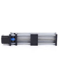 Smooth Ball Screw Linear Guide Rail Motion System With Precise Rock Solid Movement For Industrial Automation Including A 100mm Diameter Stepper Motor For High Torque And Reliable Positioning, front view