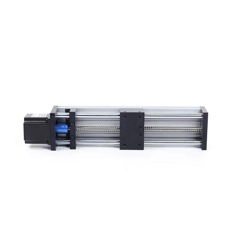 Smooth Ball Screw Linear Guide Rail Motion System With Precise Rock Solid Movement For Industrial Automation Including A 100mm Diameter Stepper Motor For High Torque And Reliable Positioning, front view