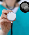 Front view of stethoscope diaphragm with two replacement diaphragms; pediatric/adult compatible