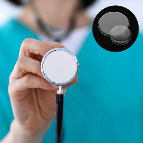 Front view of stethoscope diaphragm with two replacement diaphragms; pediatric/adult compatible