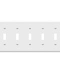 Front view of Five Gang Toggle Light Switch Wall Plate With Gloss Finish Built To Last Tough As Nails Durable Unbreakable Polycarbonate Thermoplastic 4.5 By 10.03 Inches Heat And Fade Resistant UL Listed White